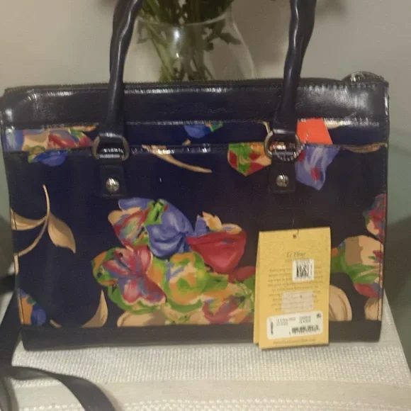 Patricia Nash Blue Leather Floral Satchel - Picture 2 of 6
